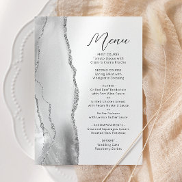 Menu Casamento Moderno em Cinza Ágata Branco Prata Scri