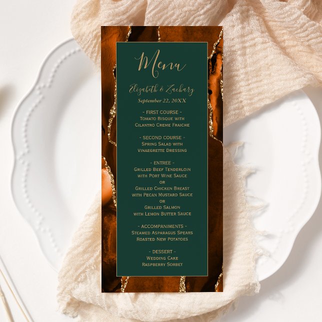 Menu Casamento Moderno em Laranja Queimada Ágata Verde  (Criador carregado)