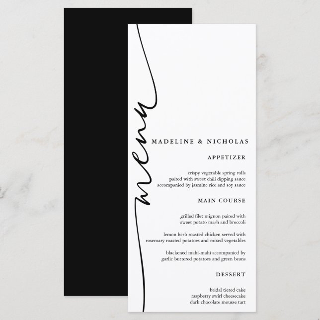 Menu Casamento Moderno em Preto e Branco com Caligrafia (Frente/Verso)