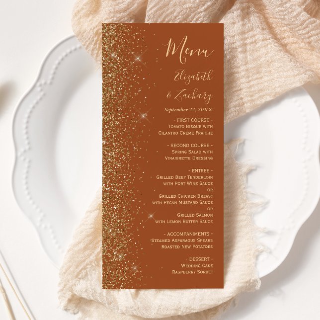 Menu Casamento Moderno em Terracota com Brilho Dourado (Criador carregado)