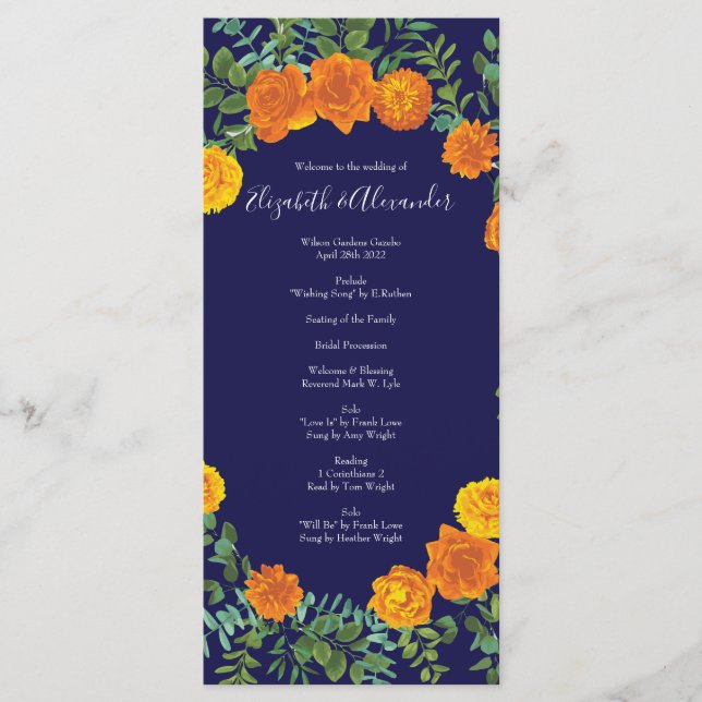 Menu Casamento Moderno Floral Rosa Azul e Laranja (Frente)