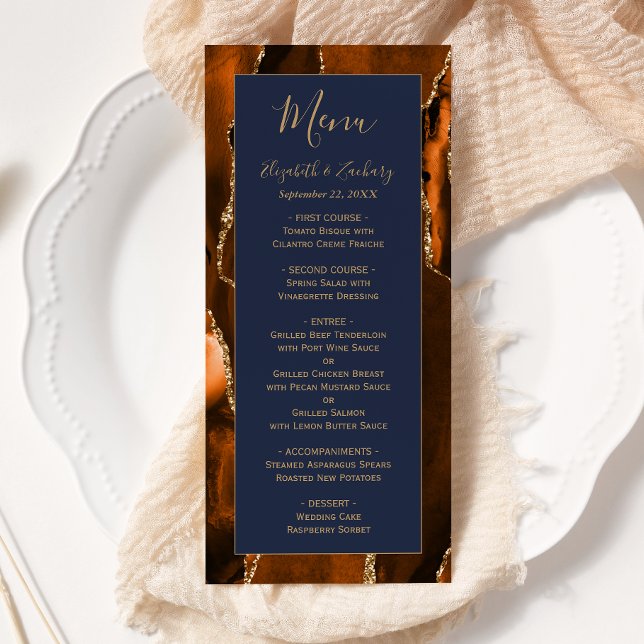 Menu Casamento Moderno Laranja Queimada Ágata Azul Mari (Criador carregado)