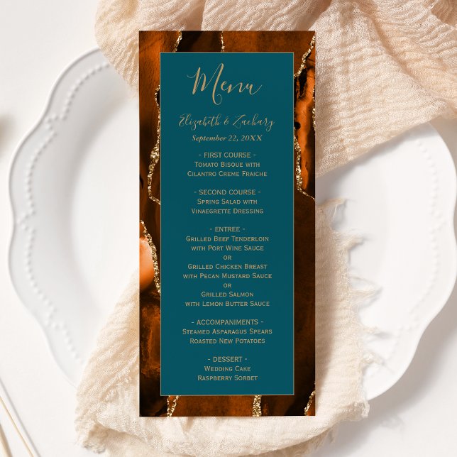 Menu Casamento Moderno Laranja Queimada Ágata Verde Tea (Criador carregado)