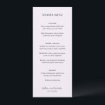 Menu Casamento Moderno Lilás Elegante<br><div class="desc">Menu de casamento moderno com design simples e minimalista com seus nomes em uma fonte contemporânea manuscrita. A paleta de cores é lilás / roxo e pode ser alterada na ferramenta de edição de design. Este design contemporâneo funciona bem para qualquer estilo de casamento.</div>