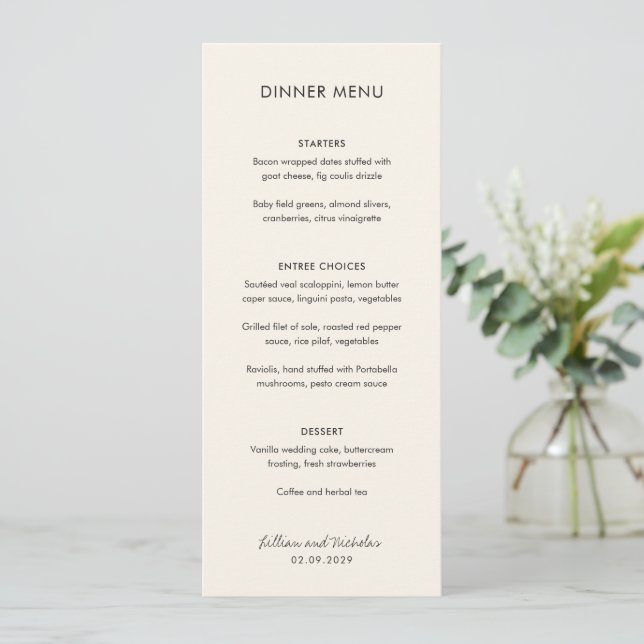 Menu Casamento Moderno Marfim Elegante (Em pé/Frente)
