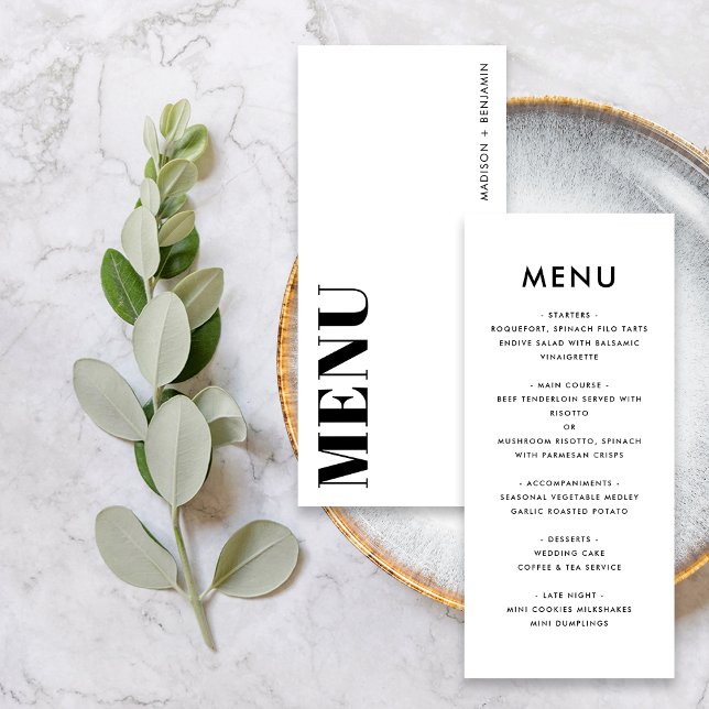 Menu Casamento Moderno Minimalista Negro e Branco Ousad (Front / Back)