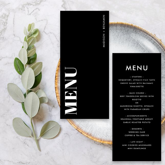 Menu Casamento Moderno Mínimo Negro e Branco (Front / Back)