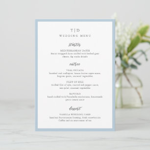 Menu Casamento moderno monograma em azul-pó elegante