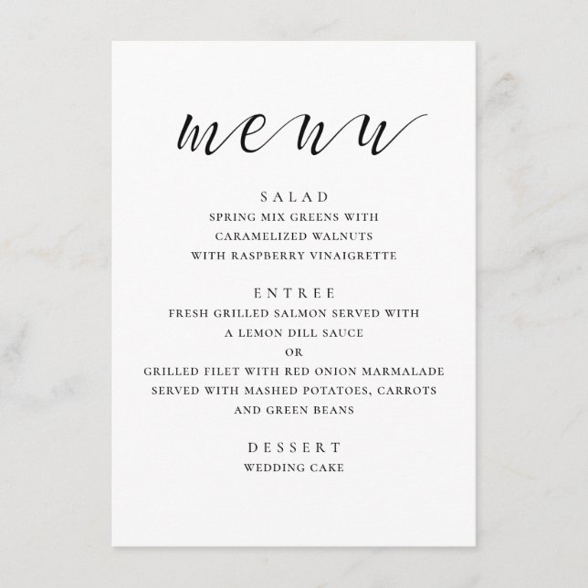 Menu Casamento moderno preto e branco. Escrita minimali (Frente)