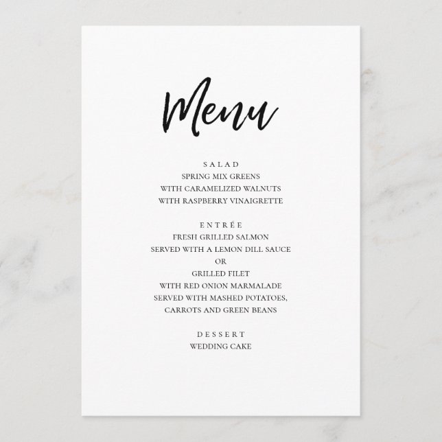 Menu Casamento moderno preto e branco. Simples minimali (Frente)