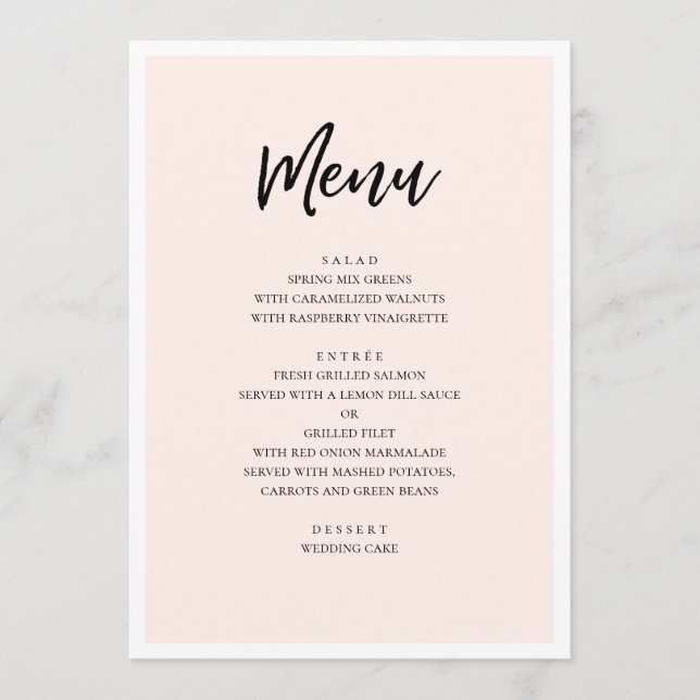 Menu Casamento moderno rosa. Minimalista simples com to (Frente)