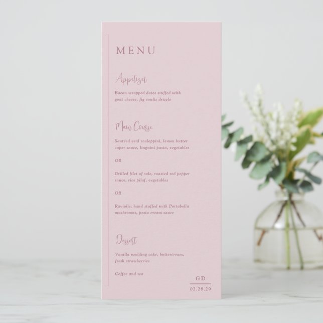 Menu Casamento Moderno Rosa Suave com Elegância (Em pé/Frente)