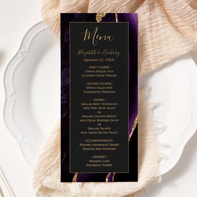 Menu Casamento Moderno Roxo Dourado Ágata Escuro (Criador carregado)