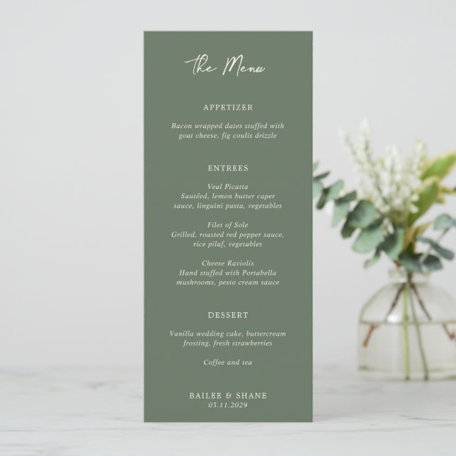 Menu Casamento Moderno Simples em Verde Oliva (Em pé/Frente)