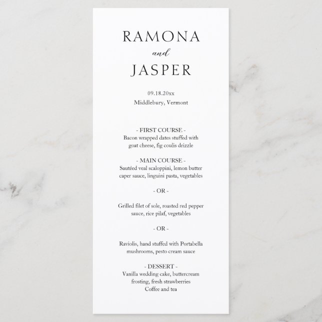 Menu Casamento Moderno Simples Negro e Branco (Frente)