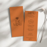 Menu Casamento Moderno Terreno Laranja Burnt Ocidental<br><div class="desc">Um cardápio de janto retro de casamento laranja queimado ocidental. Que apresenta o design de modelo chic de boho vintage terracotta queimado fundo laranja e menu preto e negrito. E a mão desenhou o místico tribal de olho nas costas. Perfeito e compatível com toda a suíte.</div>