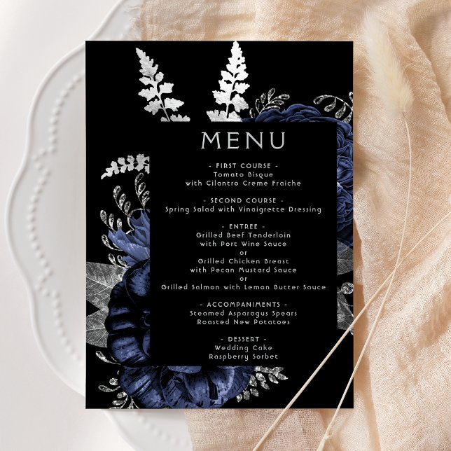 Menu Casamento Moody Dark Floral Azul Marinho Prata (Criador carregado)