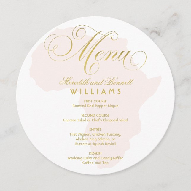 Menu Casamento na África Rosa Bege com Letra Dourada El (Frente)
