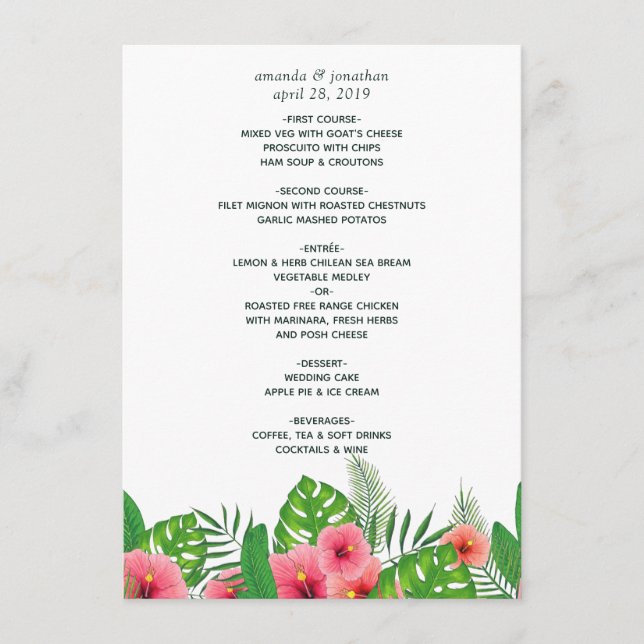 Menu Casamento na Praia com Folhas Tropicais em Aquarel (Frente)