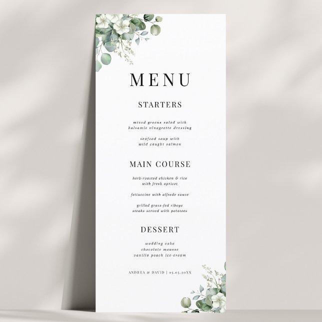 Menu Casamento Natural Branco Eucalyptus Floral Verão (Criador carregado)