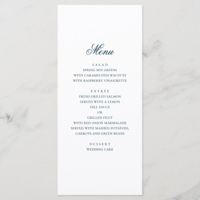 Menu Casamento náutico azul. Marinho de água moderno (Frente)