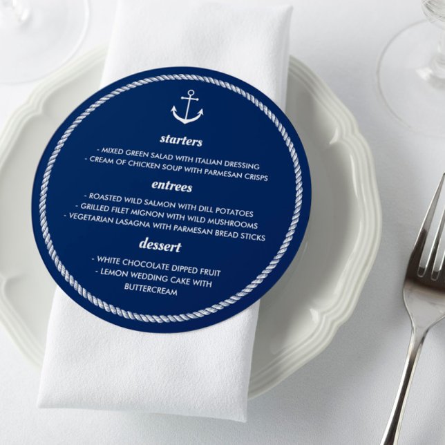 Menu Casamento Náutico Branco Azul-Corda-redonda (Criador carregado)