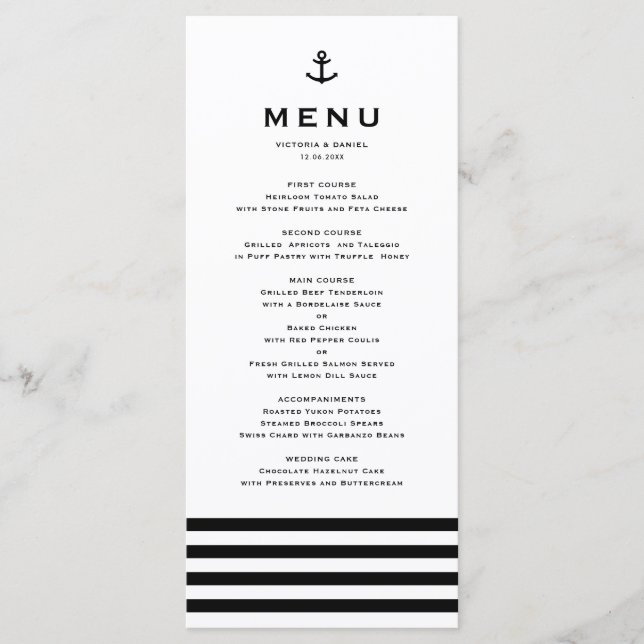 Menu Casamento Náutico com Âncora Preto e Branco Modern (Frente)