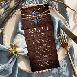 Menu Casamento Náutico de Madeira Rústica Azul Naval Ân