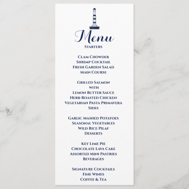 Menu Casamento Náutico Elegante Farol Branco & Azul (Frente)