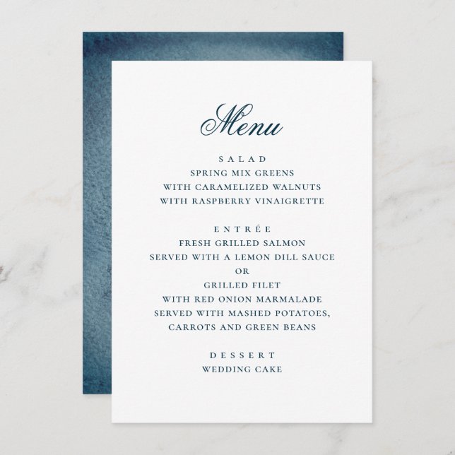 Menu Casamento náutico simples marinho azul-aquarelas (Frente/Verso)