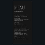 Menu Casamento Negro com Tipografia Minimalista Moderna<br><div class="desc">Cartão de menu personalizável com tipografia moderna. Personalize adicionando a data e a escolha da refeição. Este cartão de menu minimalista é perfeito para casamentos,  chás de fraldas,  chás de panela,  aniversários e muito mais.</div>