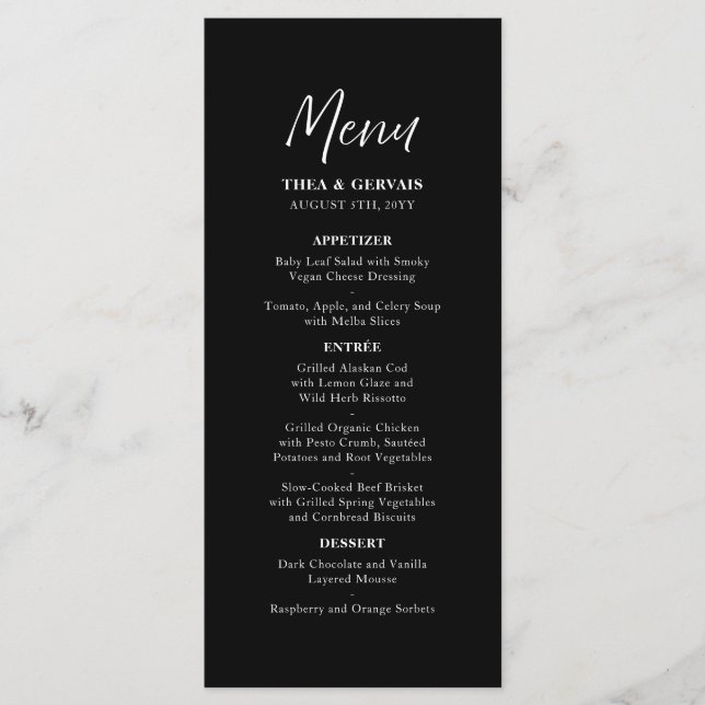 Menu Casamento Negro da Caligrafia de Script Elegante (Frente)
