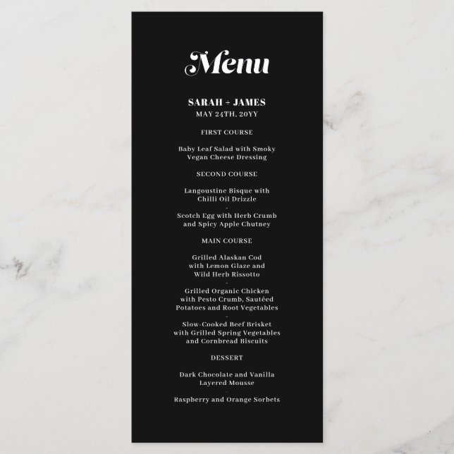 Menu Casamento Negro da Caligrafia Mínima Elegante (Frente)