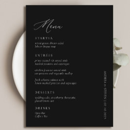 Menu Casamento Negro de Caligrafia Simples Elegante