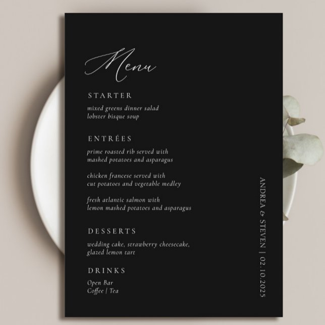 Menu Casamento Negro de Caligrafia Simples Elegante (Criador carregado)