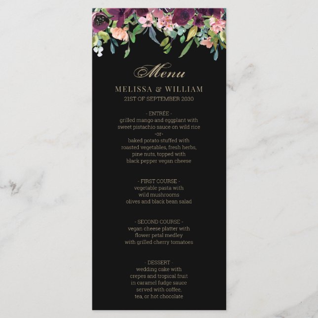 Menu Casamento Negro de Coral Floral Burgundy (Frente)