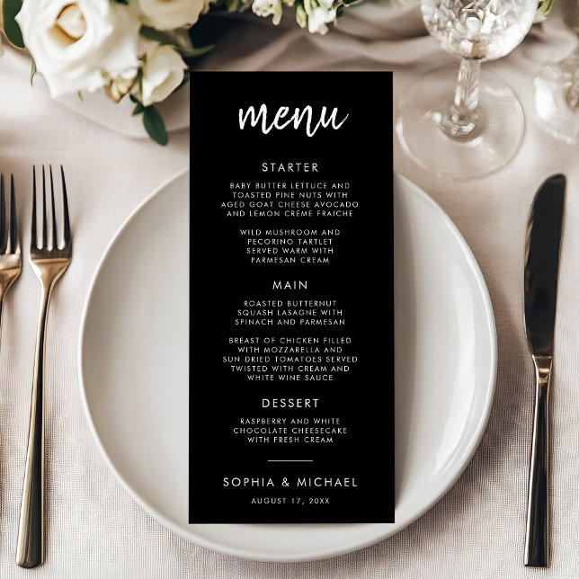 Menu Casamento Negro E Branco Com Script Negra Moderno (Criador carregado)