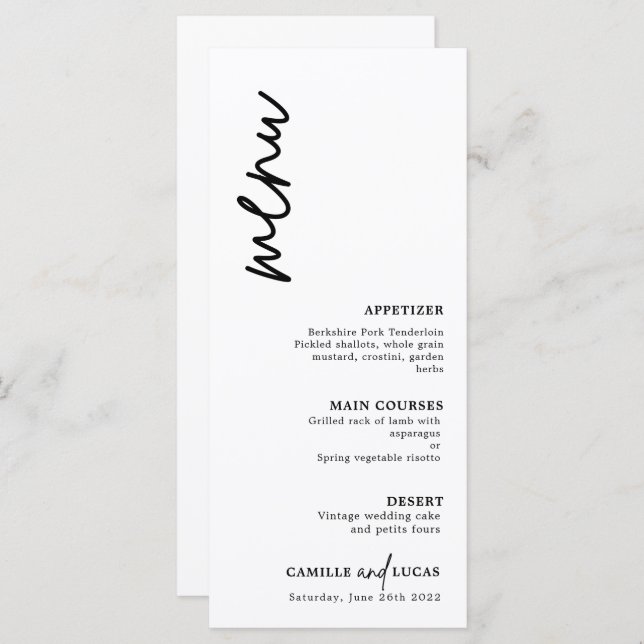 Menu Casamento Negro e Branco minimalista (Frente/Verso)