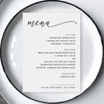 Menu Casamento Negro e Branco minimalista | Script Mode<br><div class="desc">Este menu de casamento minimalista apresenta um fundo branco limpo com um roteiro preto moderno para o cabeçalho e fontes sans serif nítidas para os detalhes da refeição. Exibindo cada curso em um layout claro e elegante, esta placa adiciona um toque de na moda a qualquer mesa de recepção. Totalmente...</div>