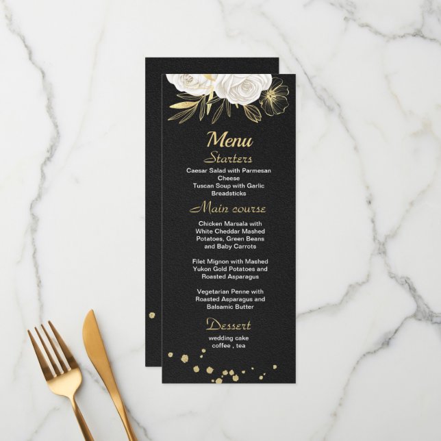 Menu casamento negro floral de ouro branco (Frente/Verso In Situ)