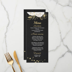 Menu casamento negro floral de ouro branco