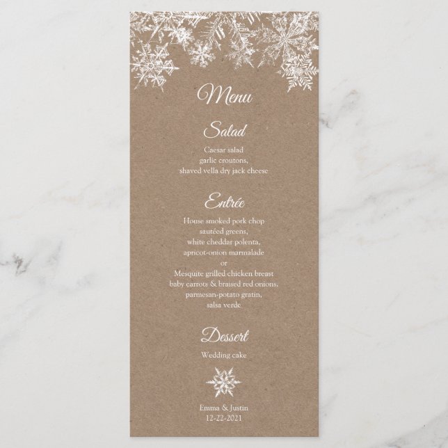 Menu Casamento no inverno Branco e Kraft com flocos de  (Frente)