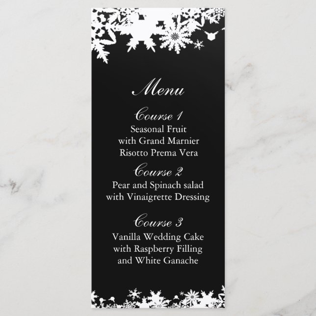 Menu Casamento no inverno de flocos de neve pretos (Frente)