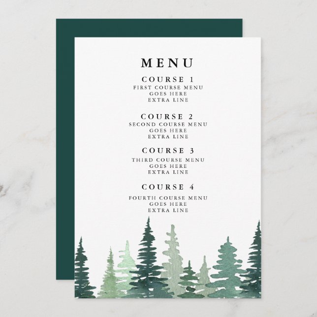 Menu Casamento no inverno do pinheiro Rustic Water (Frente/Verso)