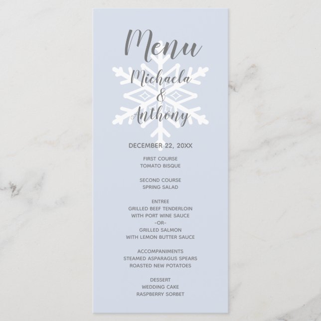 Menu Casamento no inverno Dusty Blue Snowflake (Frente)
