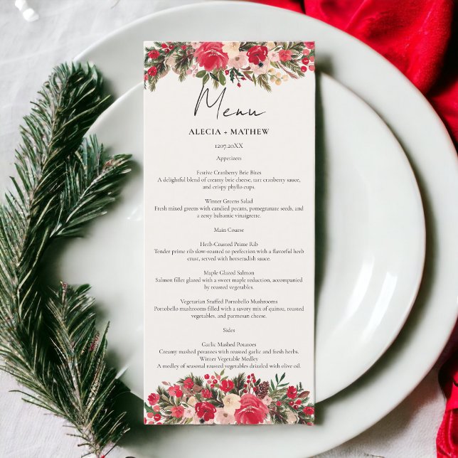 Menu Casamento no inverno Floral Vermelho Russo (Rustic Red green Floral Winter Wedding Menu)