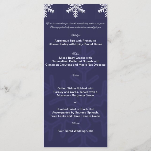 Menu Casamento no inverno marinho Blue Snowflake (Frente)