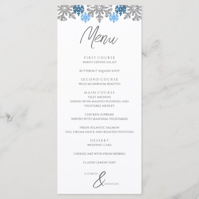 Menu Casamento no inverno Silver Blue Snowflakes (Frente)