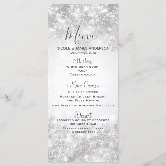 Menu Casamento no inverno White Sparkle Snowflakes (Frente)