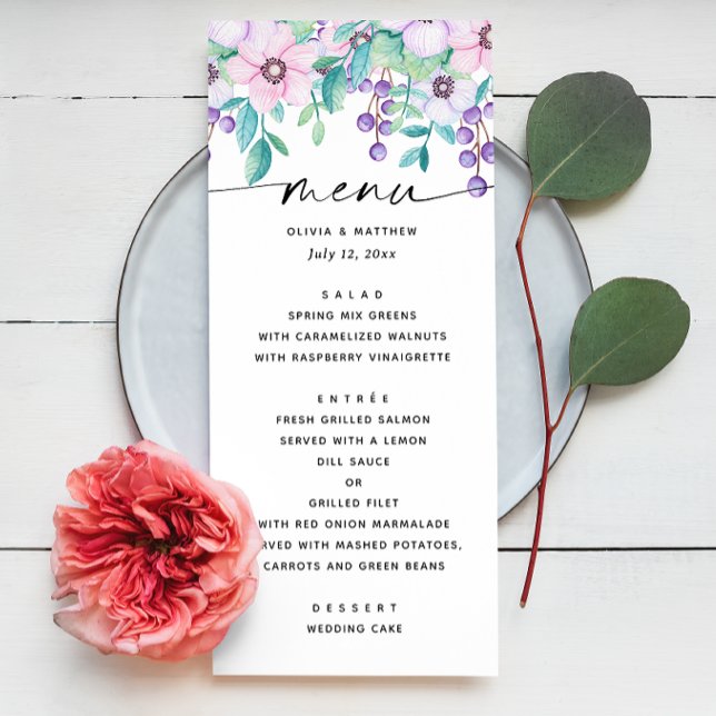 Menu Casamento no jardim floral rosa roxo aquarela (Criador carregado)